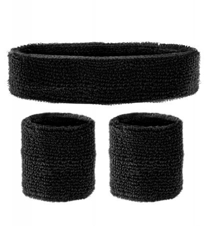 Schweissbänder Set Schwarz Stirnband & 2 Armbänder