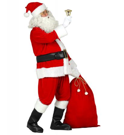 Professioneller Weihnachtsmann mit Jacke, Hose, Gürtel, Mütze, Bart, Brille, Stiefelüberzieher, Sack