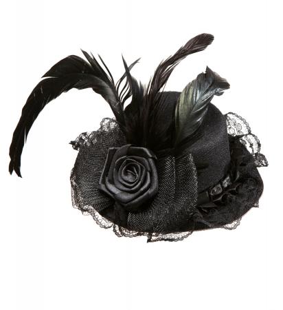Mini Hut mit Rose, Tüll und Federn Schwarz