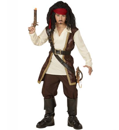 Pirat Oberteil mit Hemd, Hose, Gürtel, Schulterriemen für Schwert mit Schnalle, Kopfband, Schuhüberzieher