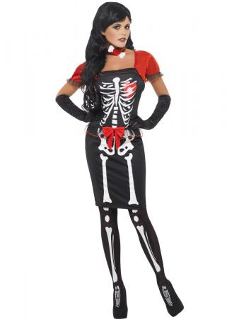 Schönes Skelett Halloween Damenkostüm schwarz-weiss-rot