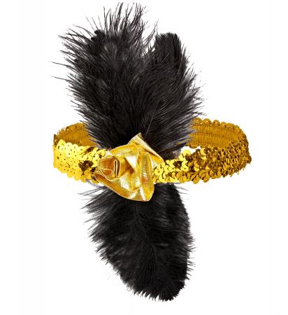20er Stirnband in Gold mit Pailletten, Blumen und Federn