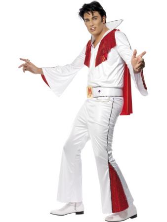 Elvis Weiss / Rotes Elvis Kostüm mit Hemd, Hose, Umhang & Gürtel