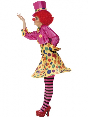 Clown Damenkostüm mehrfarbig mit Reifkleid, Hemd, Fliege, Strumpfhose, Hut