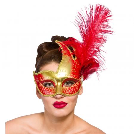 Revello Maske Gold Rot mit langer roter Feder