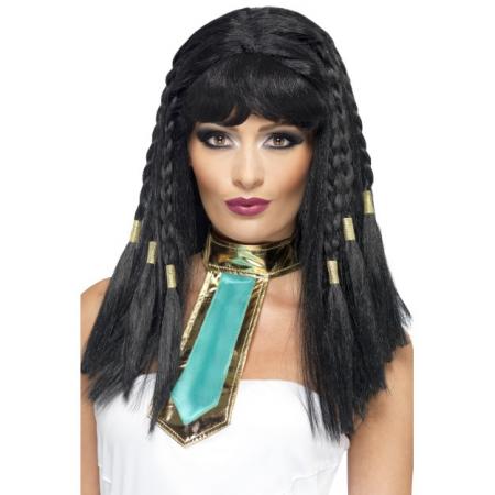 Kleopatra Perücke Schwarz geflochten mit goldener Verzierung