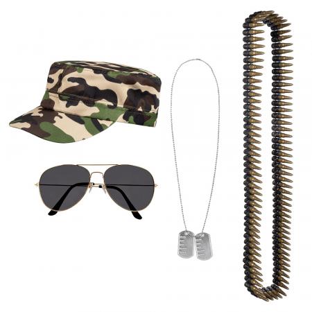  Soldaten Set Mütze, Partybrille, Halskette und Patronengurt