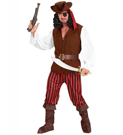 Pirat Hemd mit Weste, Hose, Gürtel, Stiefelüberzieher, Stirnband, Hut, Augenklappe
