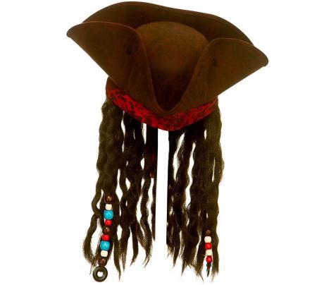 Deluxe Piraten Dreispitz Hut mit Haaren Braun