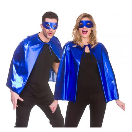 Metallischer Superhelden Umhang & Maske - Blau