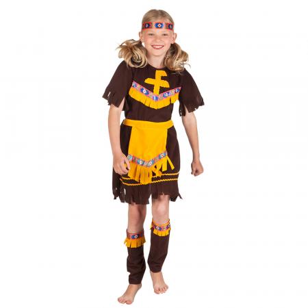 Indianer Mädchenkostüm S 4-6 Jahre mit  Stirnband, Kleid mit Schürze, Beinschienen