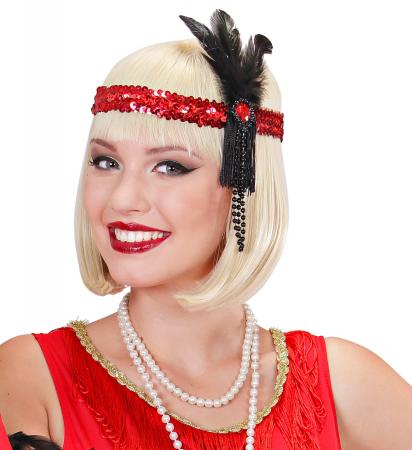 20er Rotes Stirnband mit Pailletten, Federn und Perlen