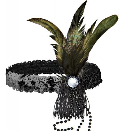 20er Schwarzes Stirnband mit Pailletten, Federn und Perlen