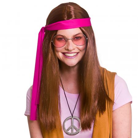 Hippie Set mit Perücke braun, Brille, Kette und Kopfband