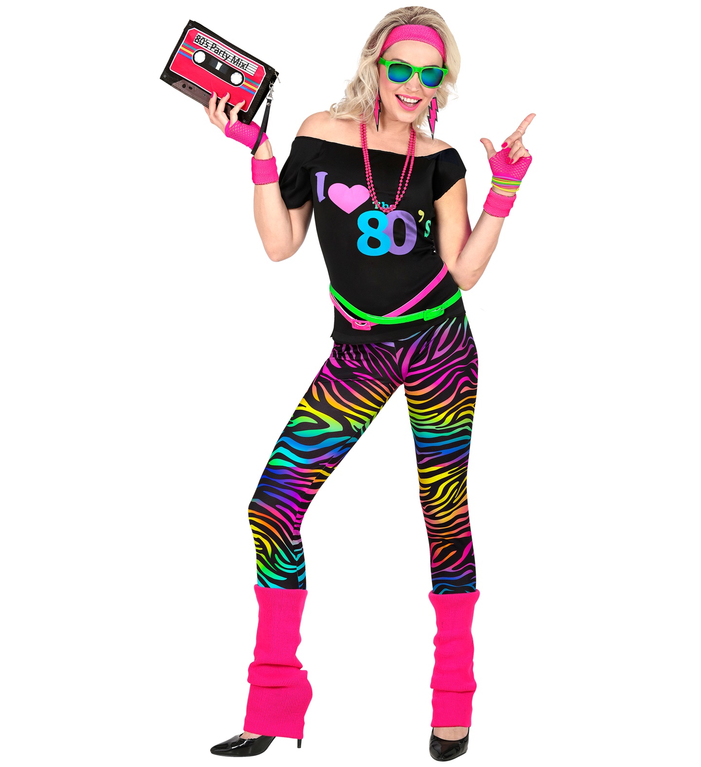80er Neon Outfit mit Ärmelloses Shirt, Leggings, Beinstulpen