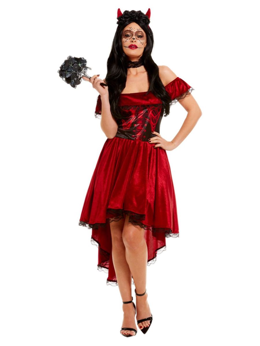 Halloween  Kostüm Diabola rot 1.tlg.Teufel Damenkostüm Kapuzenkleid Tunika 