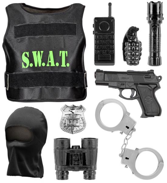 SWAT Einsatz Set Weste, Maske, Abzeichen, Pistole, Handschellen, Funkgerät, Taschenlampe, Handgranate, Fernglas