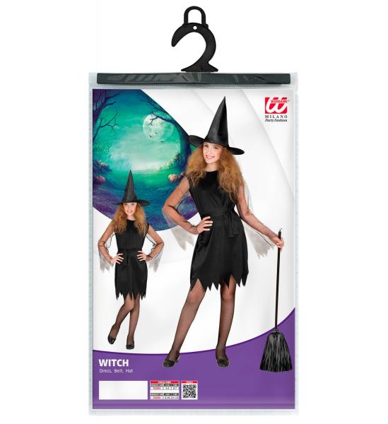 einfache schwarze Hexe Kinderkostüm mit Kleid, Gürtel und Hut
