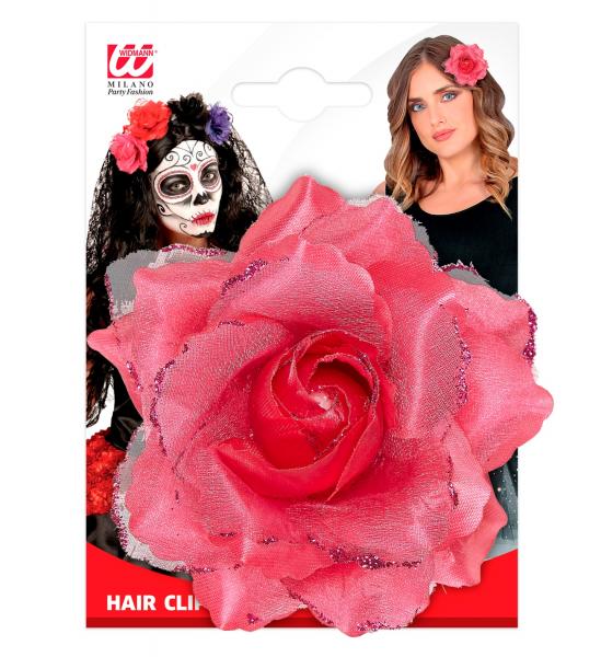 Haarspange mit rosa Rose und Glitter