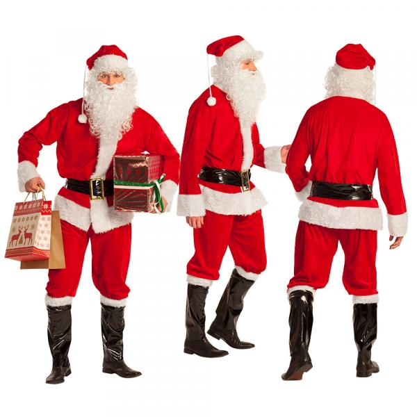 Deluxe Weihnachtsmann Set klein mit kurzem Bart, Perücke, AugenbrauenDeluxe Weihnachtsmann Mütze, Perücke, Bart, Mantel, Gürtel, Hose, Stiefelstulpen