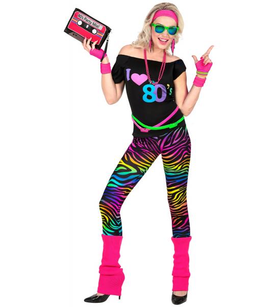 80er Neon Outfit mit Ärmelloses Shirt, Leggings, Beinstulpen, Stirnband, 2 Armbänder