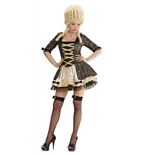 Schwarze Barock Königin mit Kleid, Unterrock, Netzstrümpfe mit Schleife und Juwel