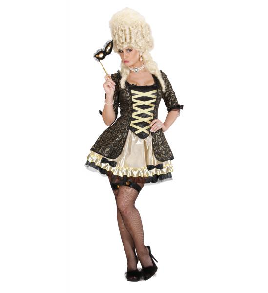 Schwarze Barock Königin mit Kleid, Unterrock, Netzstrümpfe mit Schleife und Juwel