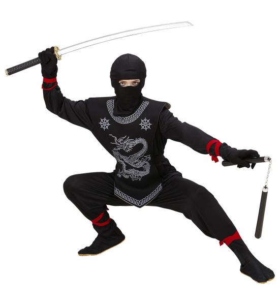 Schwarzer Ninja Oberteil mit Bändern, Hose mit Bändern, Brustschutz, Maske