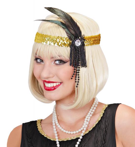 20er Goldenes Stirnband mit Pailletten, Federn und Perlen