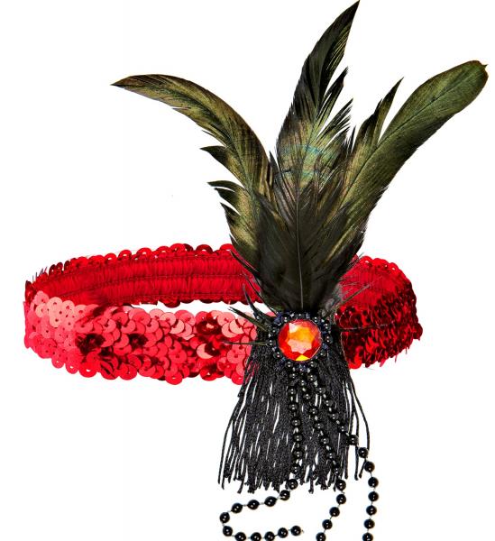 20er Rotes Stirnband mit Pailletten, Federn und Perlen
