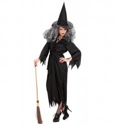 Schwarze Hexe Damen Kostüm mit Kleid, Gürtel und Hut