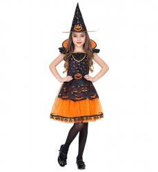 Kürbis Hexenkostüm für Kinder Schwarz/Orange mit Kleid und Hut