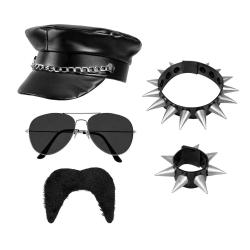 Rocker Mütze, Partybrille, Halskette, Armband und Schnurrbart