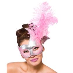 Revello Maske Silber Pink mit langer pinker Feder