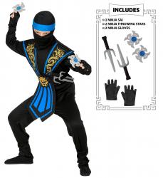 Blauer Kombat Ninja Kinderkostüm mit Waffenset Overall, Brustrüstung, Gürtel, Arm- und Beinschnüre, Maske, Stirnband, Handschuhe,  Ninjadolche, Ninja Wurfsternen - Kopie