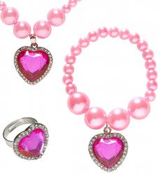 Rosa Schmuckset mit Perlenkette, Ohrringe und Ring mit Perlen und Herzjuwel