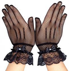 Fischnetz Handschuhe mit Spitze und Diamanten Schwarz