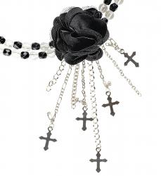 Halskette mit schwarzer Gotischer Blume und Kreuzen