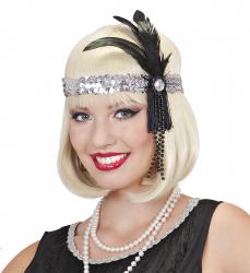 20er Silbernes Stirnband mit Pailletten, Federn und Perlen